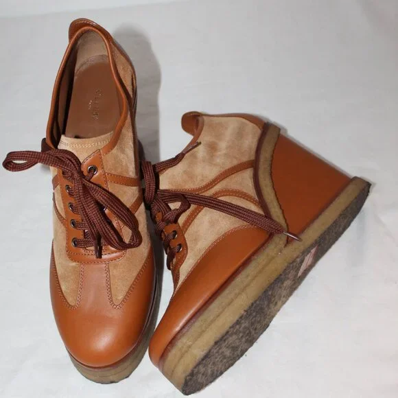 Celine Wedge Lace Up Pumps Loafers Manon Suede Leather 40 - Picture 3 of 9
